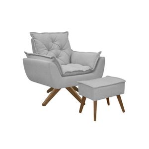 Kit Poltrona E Puff Opala Com Base Em Madeira Tecido Boucle Cinza Escuro