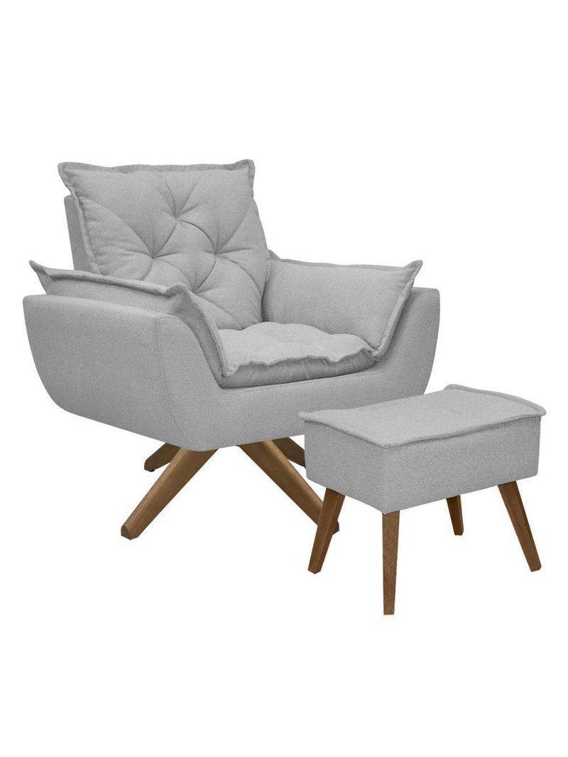 Kit Poltrona E Puff Opala Com Base Em Madeira Tecido Boucle Cinza Escuro