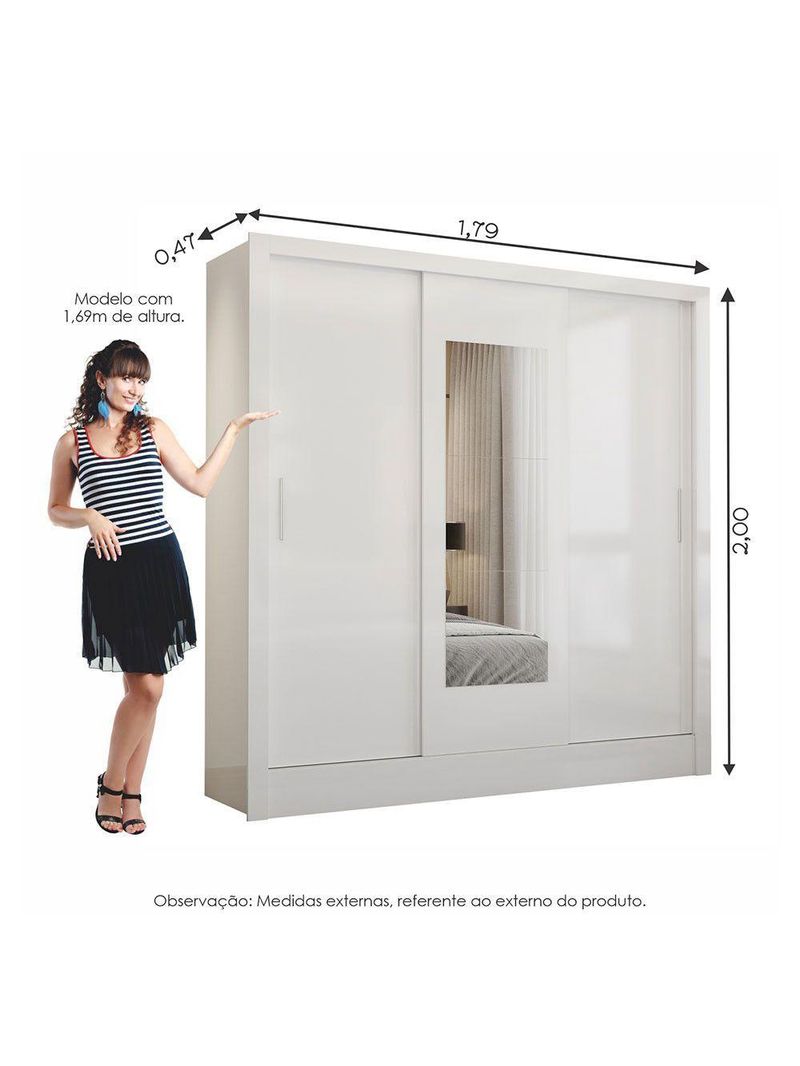 Guarda Roupa Casal Fortaleza 3 Portas Espelho Carioca Branco