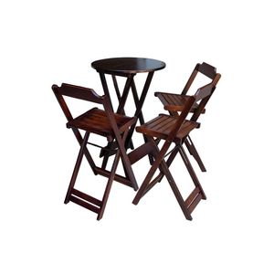 Kit Mesa Bistrô Dobrável Em Madeira Maciça Com 3 Banquetas Altas - Imbuia - Marrom