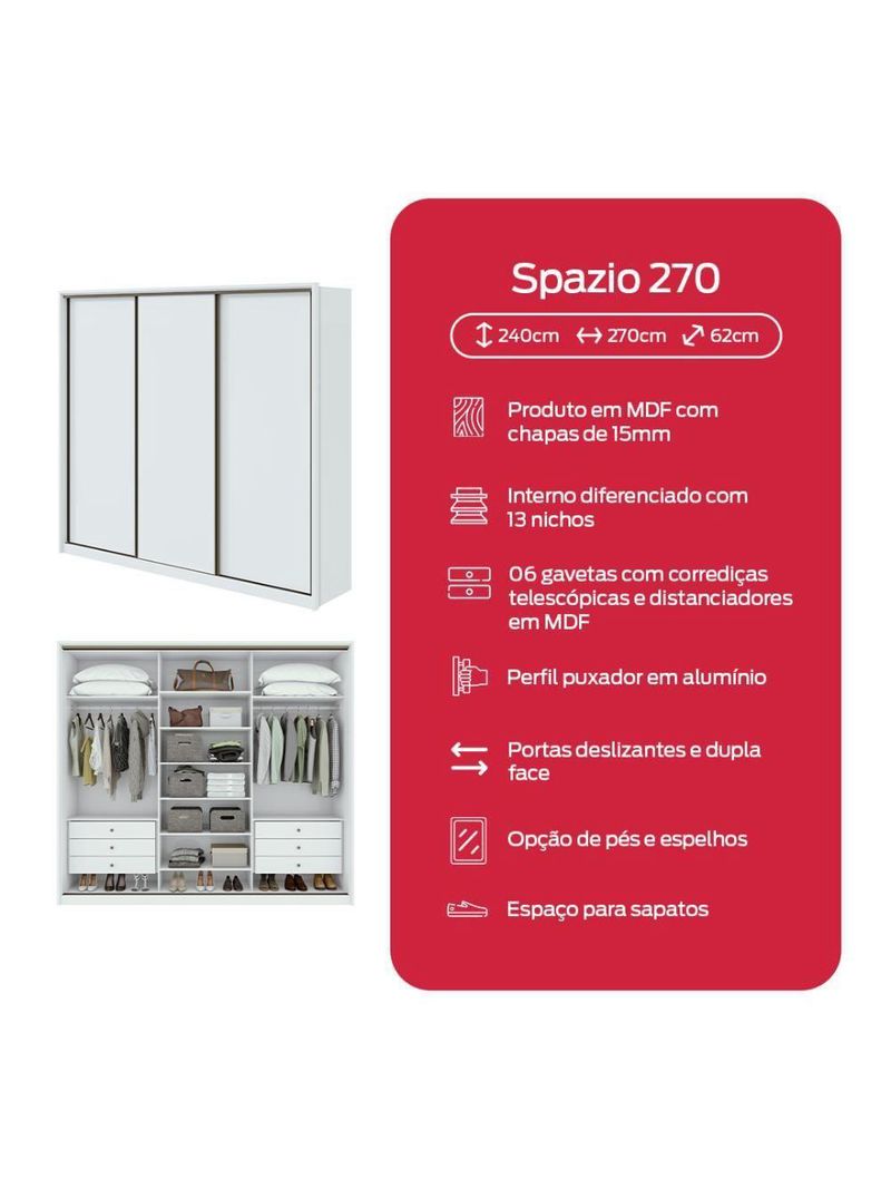 Guarda-roupa Casal Spazio 270 3 Portas 6 Gavetas Branco Lopas