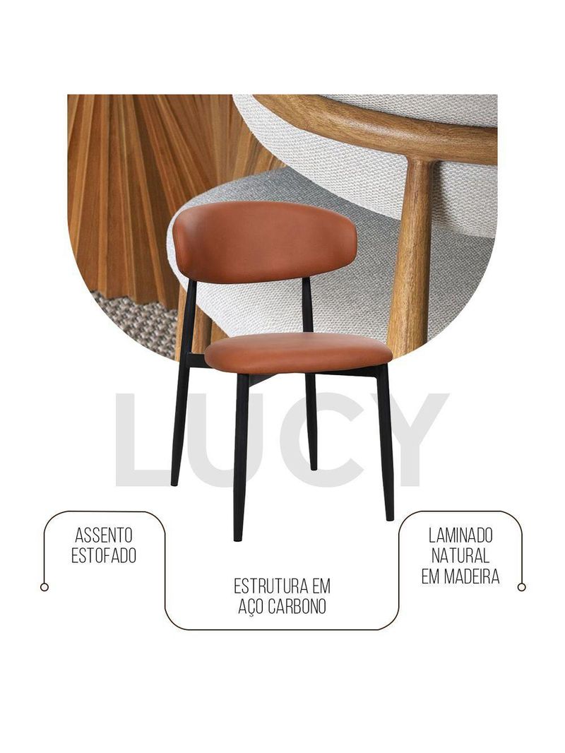 Kit 2 Cadeiras De Jantar Lucy Estrutura Aço Carbono Laminado Preto Com Estofado Poliuretano Caramelo
