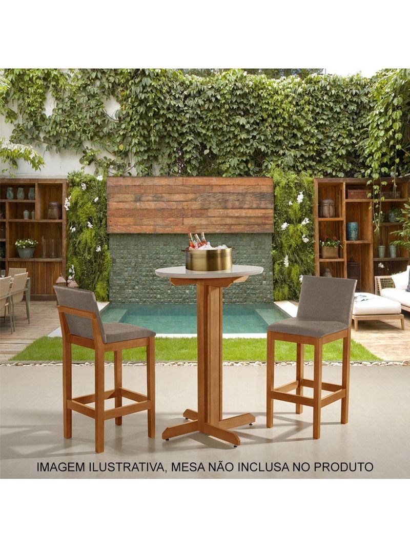 Banqueta Alta Pérola Com Encosto Estofada Em Linho Bege Madeira Maciça Castanho Bege