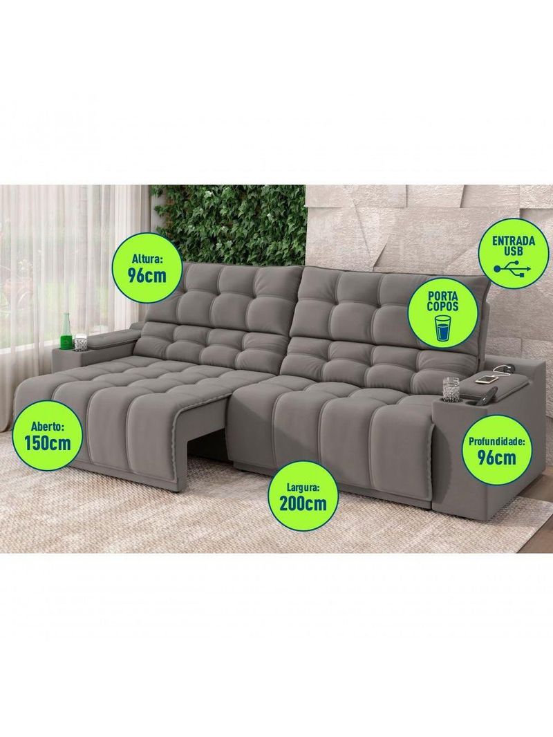 Sofá Connect Premium 2,00m Assento Retrátil-reclinável Com Porta Copos E Entrada Usb Suede Cinza