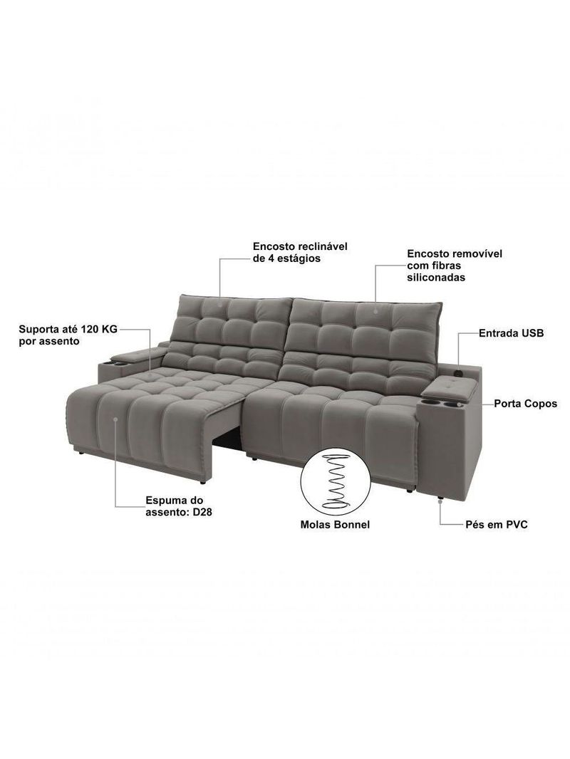 Sofá Connect Premium 2,00m Assento Retrátil-reclinável Com Porta Copos E Entrada Usb Suede Cinza