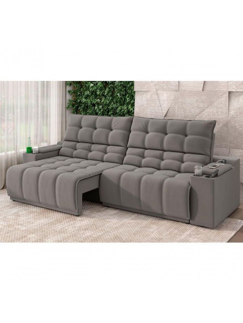 Sofá Connect Premium 2,00m Assento Retrátil-reclinável Com Porta Copos E Entrada Usb Suede Cinza