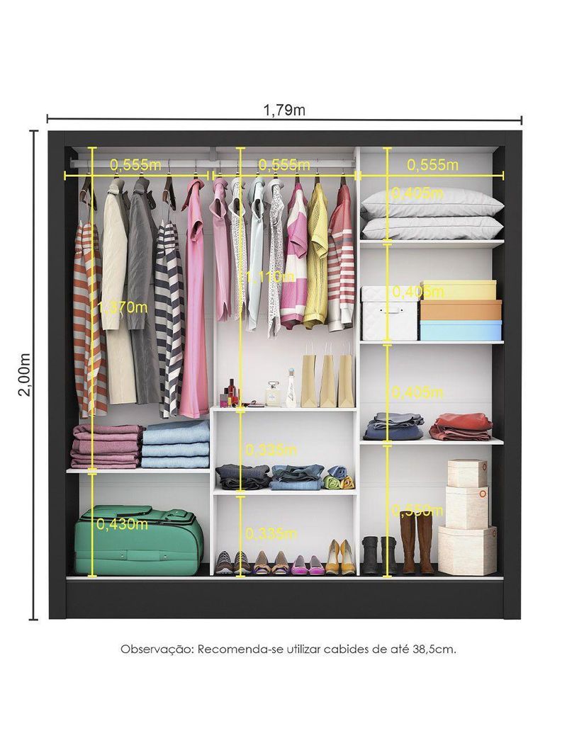 Guarda-Roupa Casal Fortaleza 3 Portas Carioca Móveis Preto