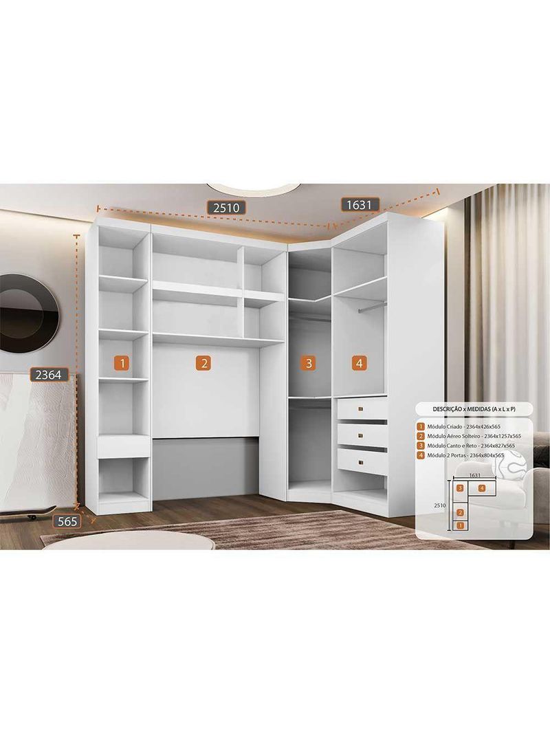Guarda Roupa Modulado Solteiro Safira 007 Clic Moveis Branco
