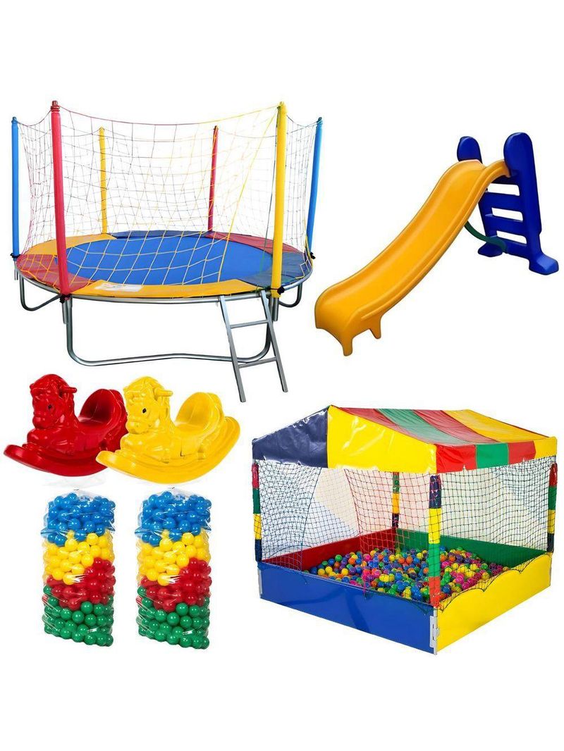 Kit Pula Pula 2,30m + Piscina De Bolinhas 1,50m + 1000 Bolinhas + Escorregador Médio + 2 Gangorras