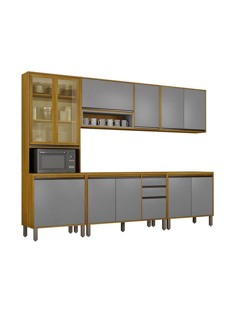 Cozinha Completa Nala Cristaleira 5 Peças 12 Portas Mobilihouse Cinamomo/Cinza Acetinado