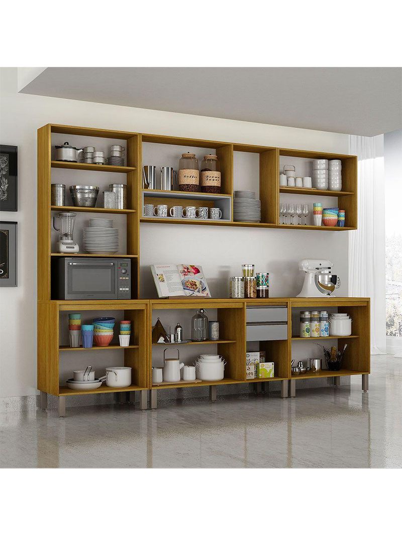 Cozinha Completa Nala Cristaleira 5 Peças 12 Portas Mobilihouse Cinamomo/Cinza Acetinado