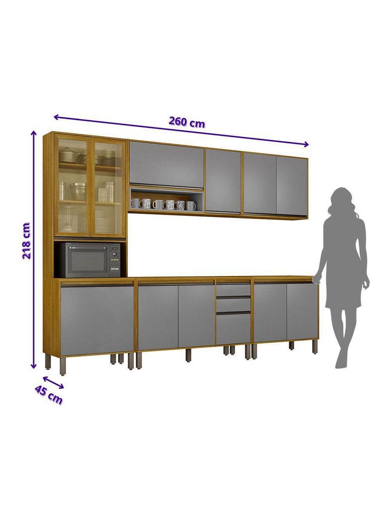 Cozinha Completa Nala Cristaleira 5 Peças 12 Portas Mobilihouse Cinamomo/Cinza Acetinado