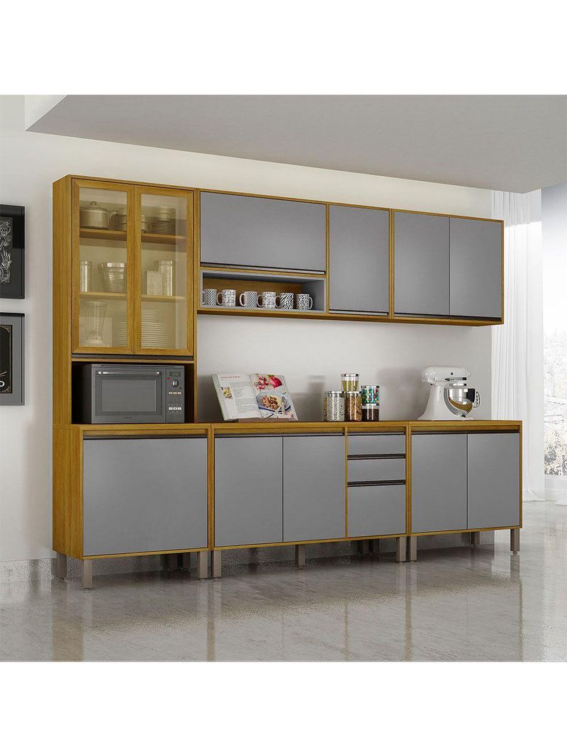 Cozinha Completa Nala Cristaleira 5 Peças 12 Portas Mobilihouse Cinamomo/Cinza Acetinado