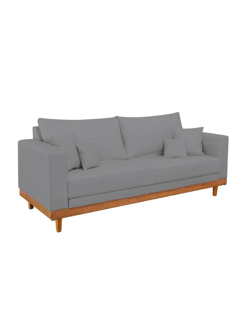 Sofá Living 2 Lugares Linho Resistente Madeira + Almofadas Grafite