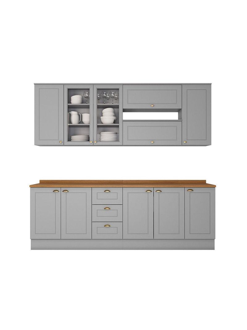 Cozinha Compacta 7 Peças com Aéreo 3 Portas com Vidro Amy Casa 812 Cinza