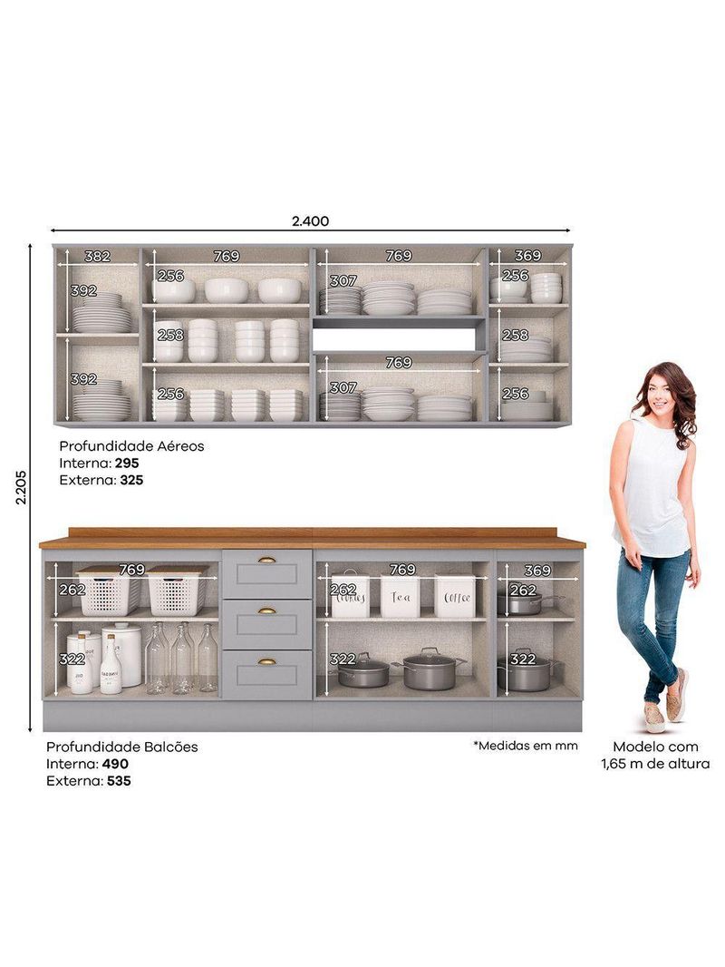 Cozinha Compacta 7 Peças com Aéreo 3 Portas com Vidro Amy Casa 812 Cinza