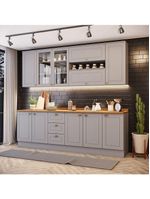 Cozinha Compacta 7 Peças com Aéreo 3 Portas com Vidro Amy Casa 812 Cinza