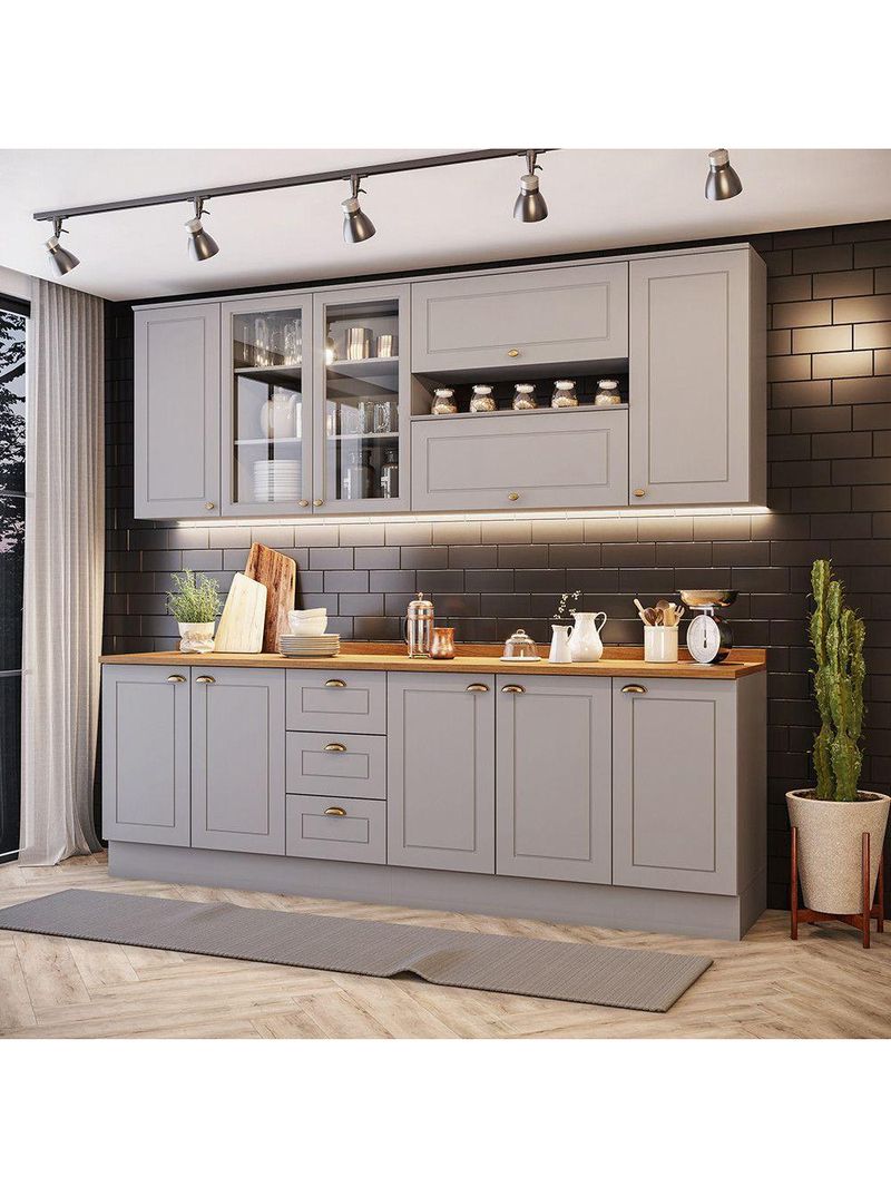 Cozinha Compacta 7 Peças com Aéreo 3 Portas com Vidro Amy Casa 812 Cinza
