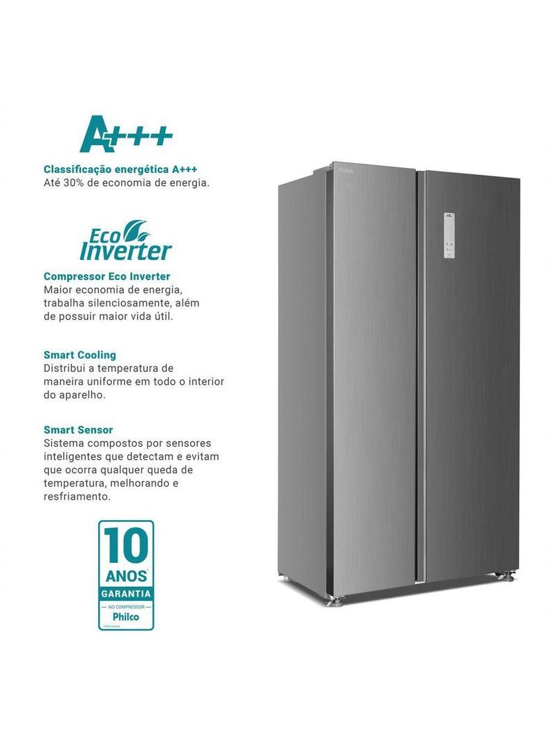 Geladeira 437L Philco Inverter Side By Side Inox 110V