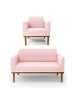 Sofá Namoradeira Com Poltrona Base De Madeira Fixa Castanho Marisa Suede Rosa Bebê D03 - D?rossi