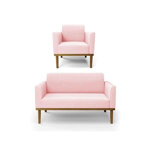Sofá Namoradeira Com Poltrona Base De Madeira Fixa Castanho Marisa Suede Rosa Bebê D03 - D?rossi