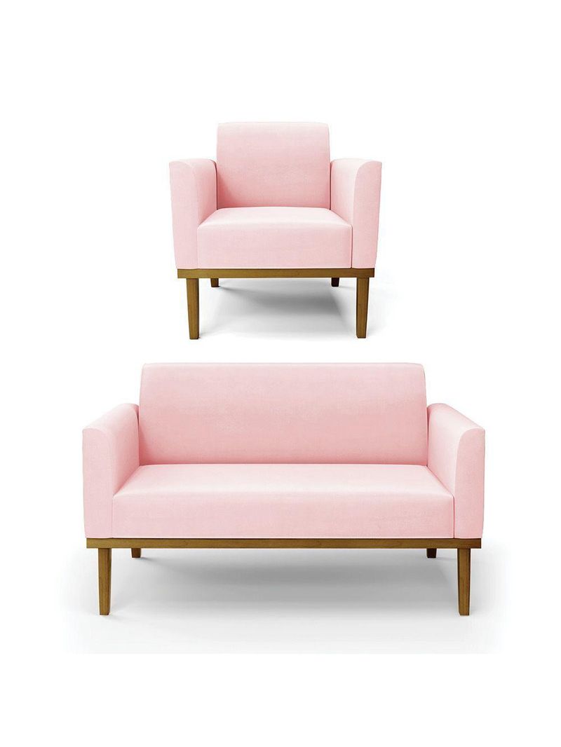 Sofá Namoradeira Com Poltrona Base De Madeira Fixa Castanho Marisa Suede Rosa Bebê D03 - D?rossi