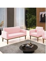 Sofá Namoradeira Com Poltrona Base De Madeira Fixa Castanho Marisa Suede Rosa Bebê D03 - D?rossi