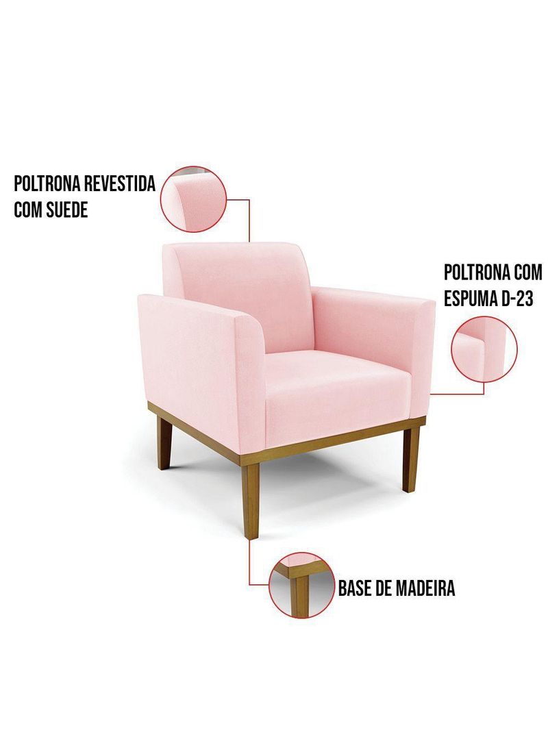 Sofá Namoradeira Com Poltrona Base De Madeira Fixa Castanho Marisa Suede Rosa Bebê D03 - D?rossi
