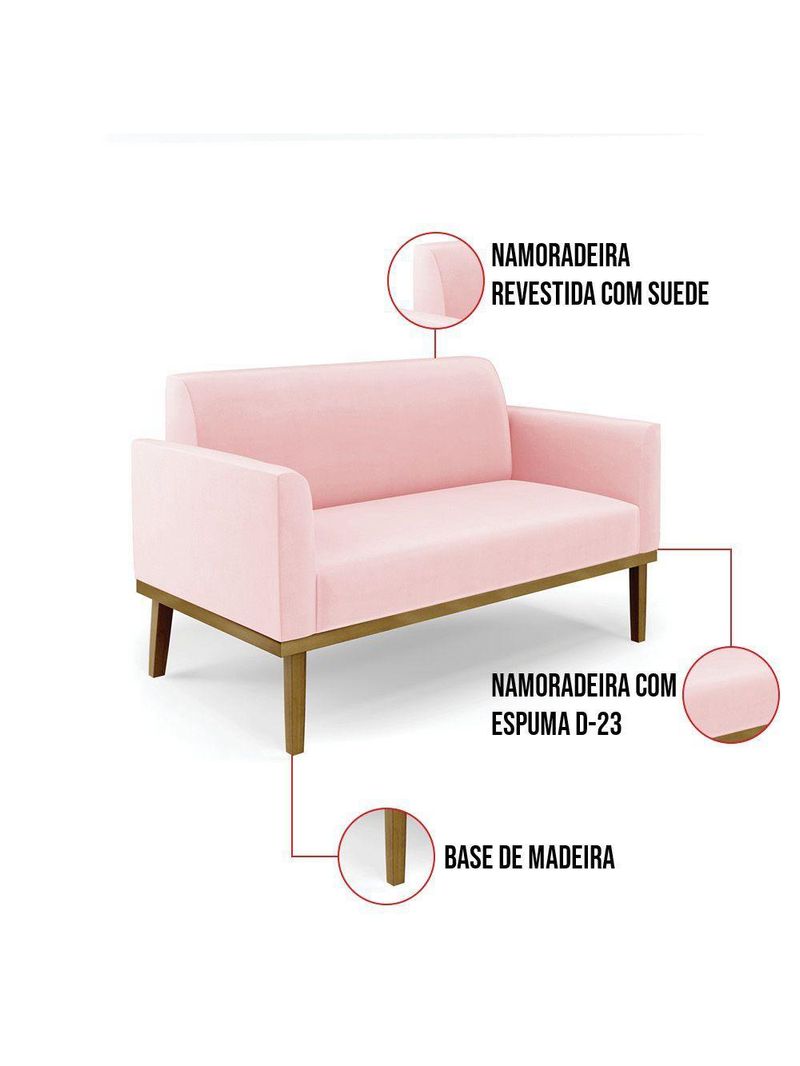 Sofá Namoradeira Com Poltrona Base De Madeira Fixa Castanho Marisa Suede Rosa Bebê D03 - D?rossi
