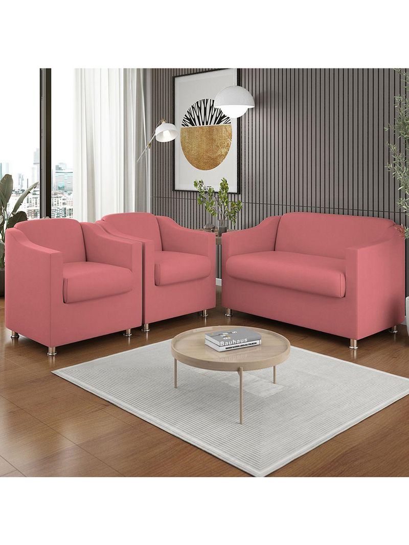 Kit 02 Poltronas Reforçada Clinica + Namoradeira Suede Tilla Cor:rosa