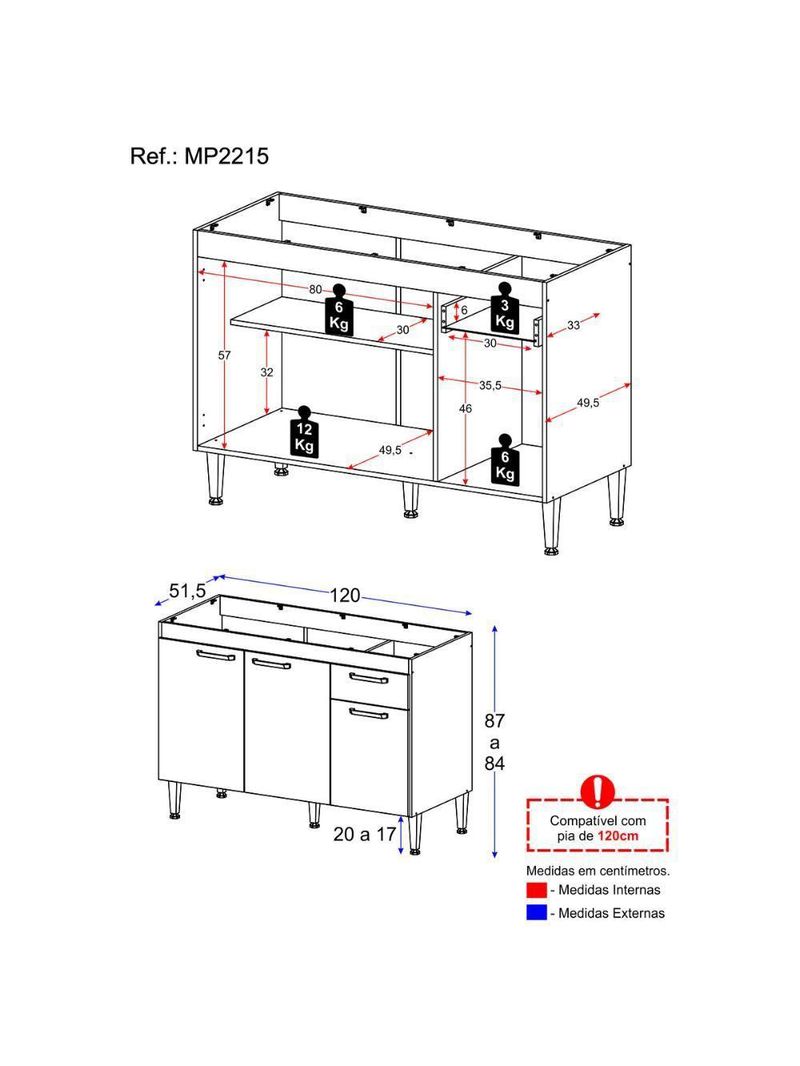 Balcão de Cozinha Gabinete para Pia 120cm Paris Multimóveis MP2215 - Rustic/Branco