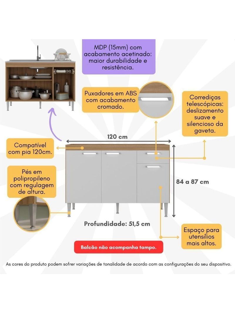 Balcão de Cozinha Gabinete para Pia 120cm Paris Multimóveis MP2215 - Rustic/Branco