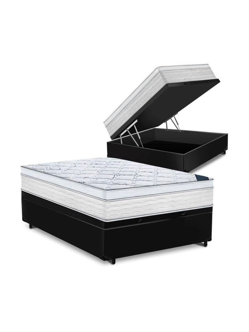 Cama Box Baú Casal Tecido Sintético Preto com Colchão 138 Toronto Molas Ensacadas Branco D33