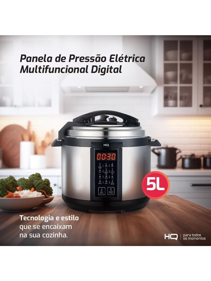 Panela De Pressão Elétrica Multifuncional Digital HQ 5 Litros Inox HQ-Y5DI 220V