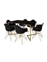 Mesa Jantar Industrial Preta 137X90Cm Base V Com 6 Poltronas Daw Pretas Base Dourada Preto
