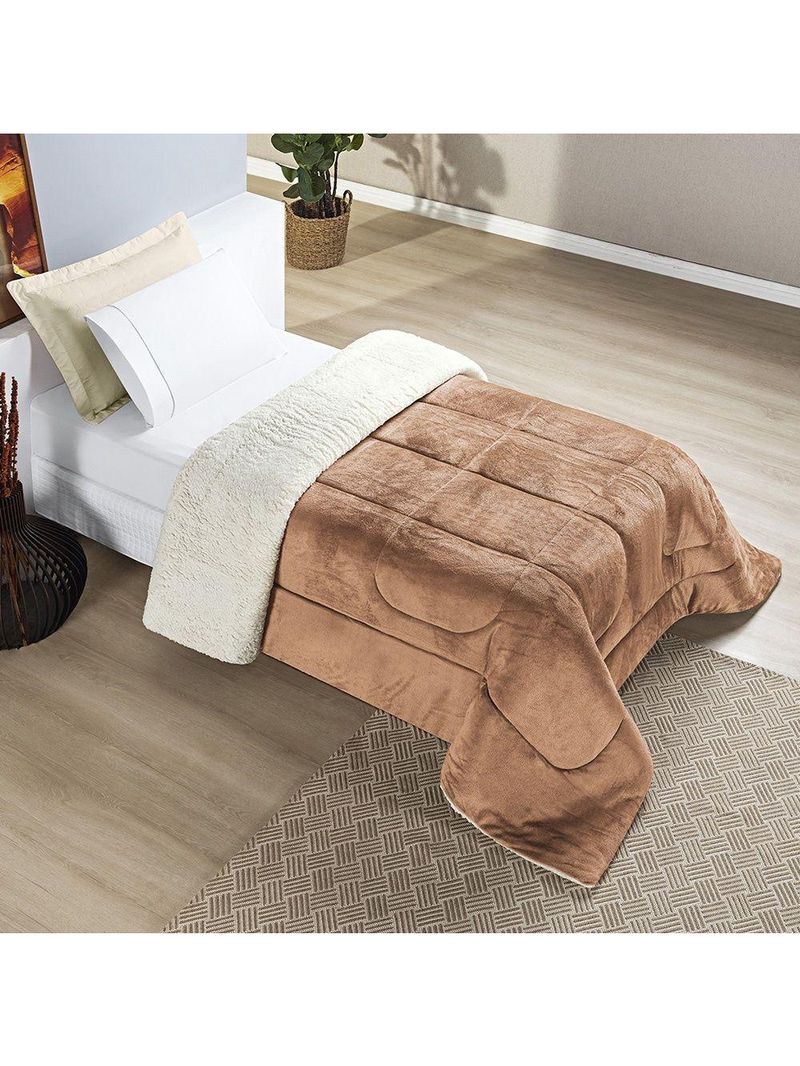 Coberdrom Sherpa E Flannel Everest Solteiro Manta Alta 150g 01 Peça - Apricot