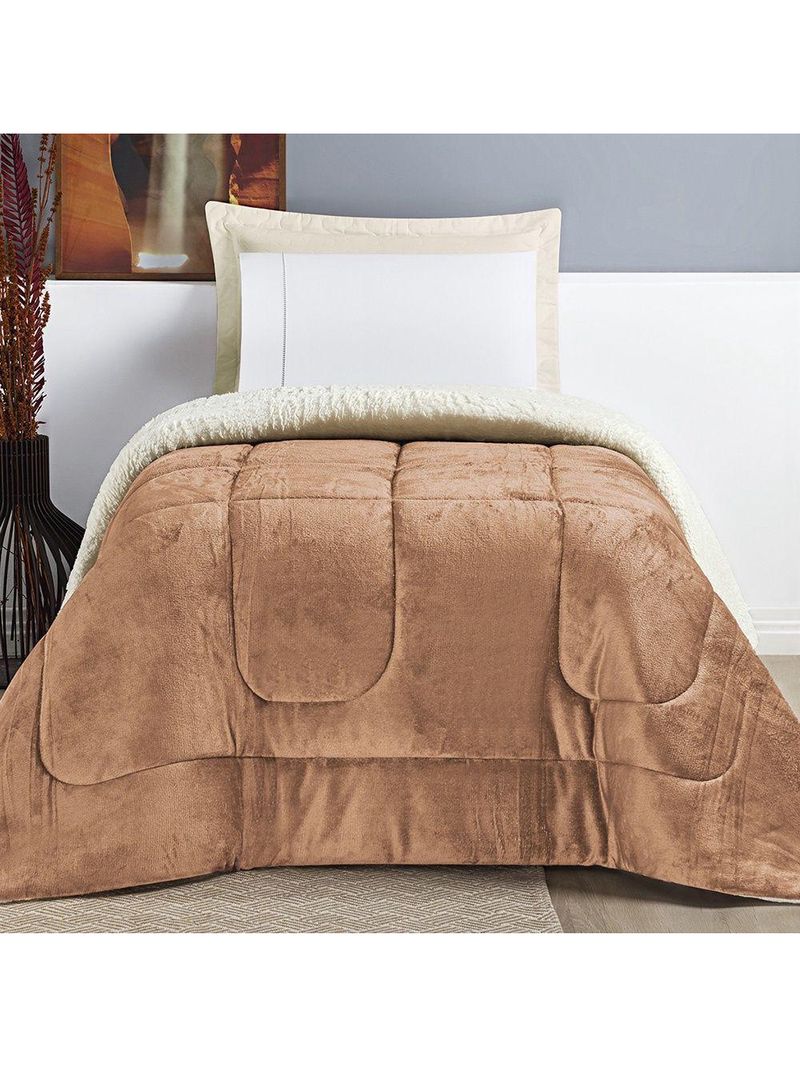 Coberdrom Sherpa E Flannel Everest Solteiro Manta Alta 150g 01 Peça - Apricot