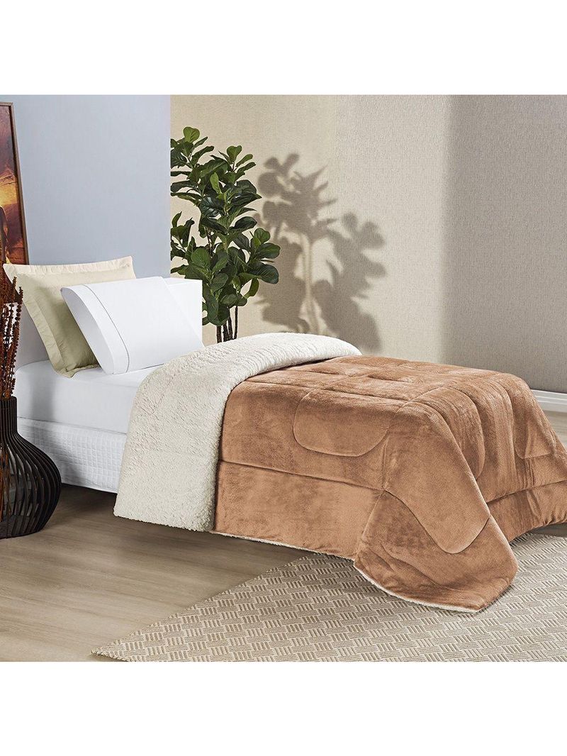Coberdrom Sherpa E Flannel Everest Solteiro Manta Alta 150g 01 Peça - Apricot