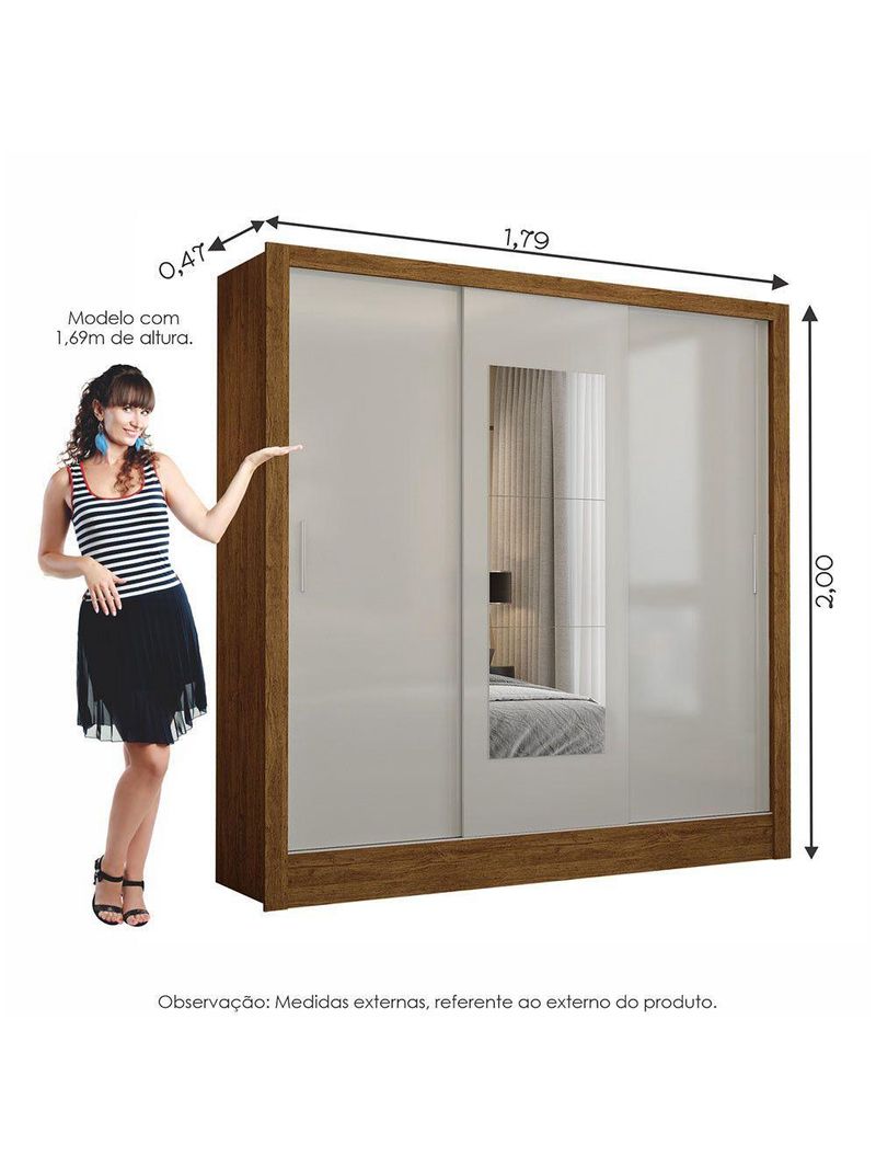 Guarda Roupa Fortaleza 3 Portas Espelho Freijó OffWhite