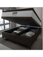 Cama Box Baú Queen Colchão Molas Pocket Ensacadas Tower 158x198x75cm Branco / Marrom Gazin
