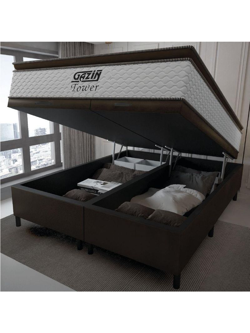 Cama Box Baú Queen Colchão Molas Pocket Ensacadas Tower 158x198x75cm Branco / Marrom Gazin