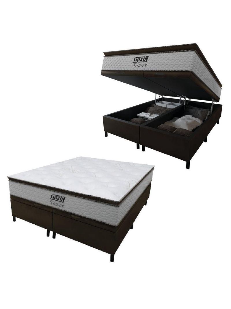 Cama Box Baú Queen Colchão Molas Pocket Ensacadas Tower 158x198x75cm Branco / Marrom Gazin