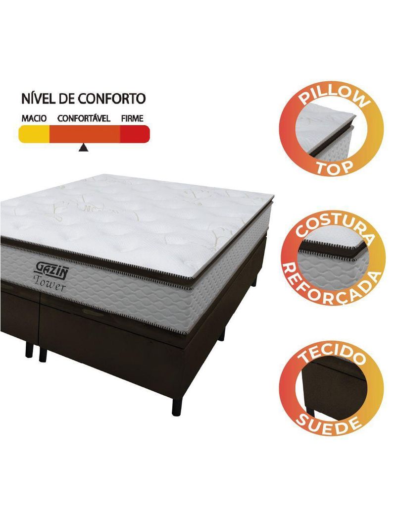 Cama Box Baú Queen Colchão Molas Pocket Ensacadas Tower 158x198x75cm Branco / Marrom Gazin