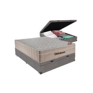 Cama + Box Bau Airtech Colchão Ortobom Viuva Springpocket - Cor: Cinza