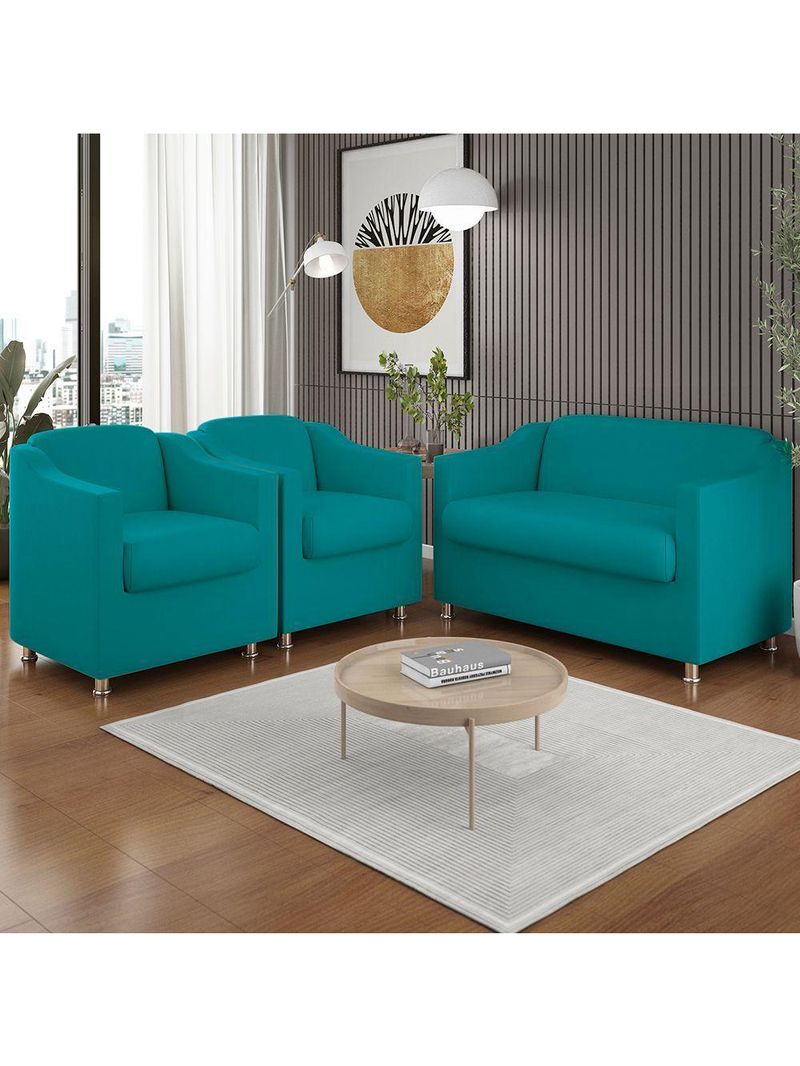 Kit 02 Poltronas Reforçada Clinica + Namoradeira Suede Tilla Cor:azul Turquesa
