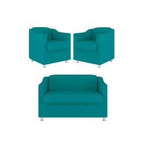 Kit 02 Poltronas Reforçada Clinica + Namoradeira Suede Tilla Cor:azul Turquesa