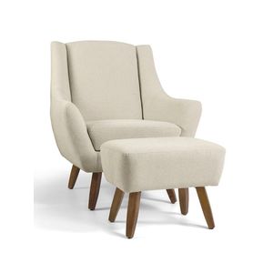 Poltrona Fixa Com Puff Pés De Madeira Algodão Bege C-370