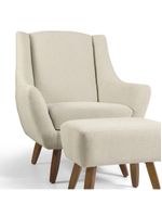 Poltrona Fixa Com Puff Pés De Madeira Algodão Bege C-370