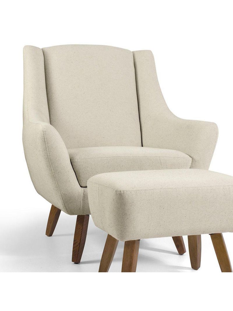 Poltrona Fixa Com Puff Pés De Madeira Algodão Bege C-370