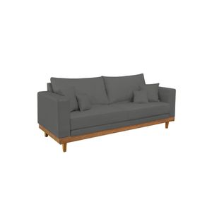 Sofá Living 3 Lugares Linho Resistente Madeira + Almofadas - Cor: Cinza